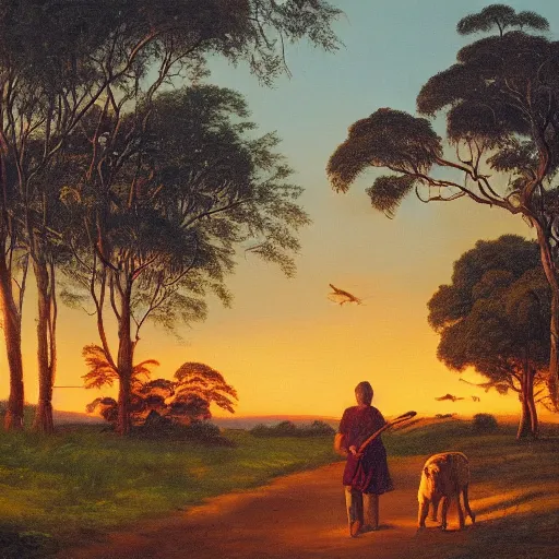 Prompt: high definition oil painting of walking the lion in a park in sydney australia at sunset
