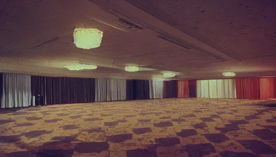 Image similar to 70s movie still of a high ceiling's ballroom , cinestill 800t Technicolor, heavy grain, high quality, criterion collection, liminal space style