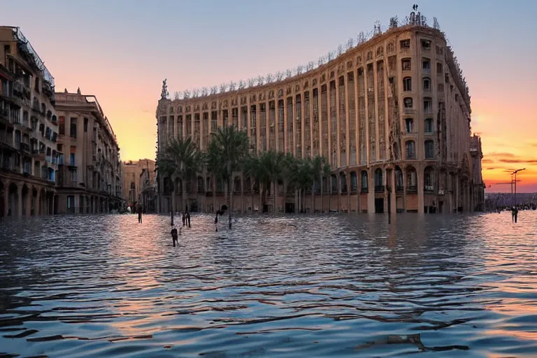Prompt: views of catastrophic barcelona's buildings covered with high water, people on boats, floating cars, sunset lighting, photo real