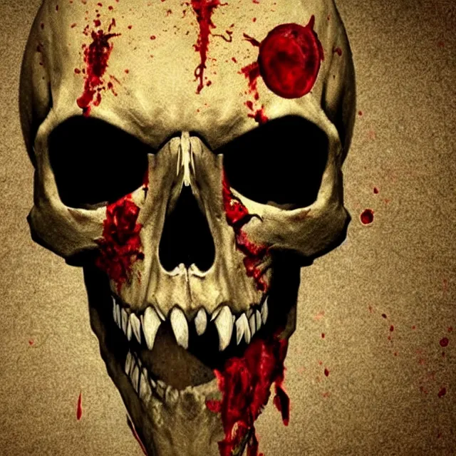 Prompt: skull centered facing the camera, blood pouring out from its mouth, mortal kombat map background