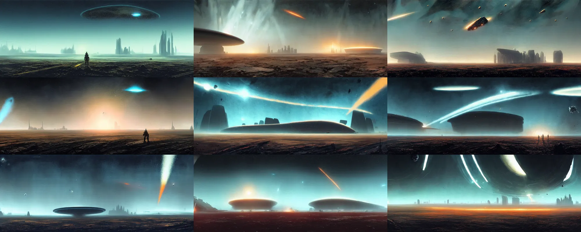 Prompt: a gorgeous bleak and desolate sci - fi painting by john harris, sparth and greg rutkowski. meteorite falling!! tiffany blue, grey orange, white and golden. sci - fi road to epic huge space base, beyond the horizon, future city skyline!! light effect. huge saturn. ultra clear detailed!! 3 d, octane render. 8 k