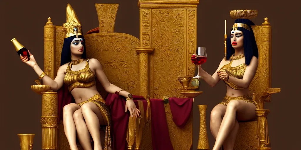 Prompt: painting of Cleopatra drinking wine on her throne, hyper-realistic, Unreal Engine, Octane Render, digital art, trending on Artstation, 8k, detailed, atmospheric, immaculate