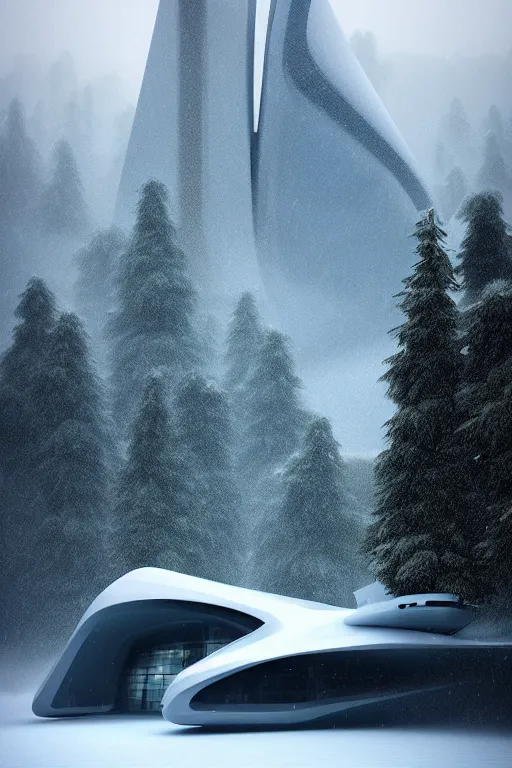 Prompt: a futuristic scene in front of a zaha hadid building in the forrest of the french alps in the style of chris moore, stormy moody weather, cinematic matte painting, extreme detail 8 k photo quality, pastel hues, snowfall, featured on behance