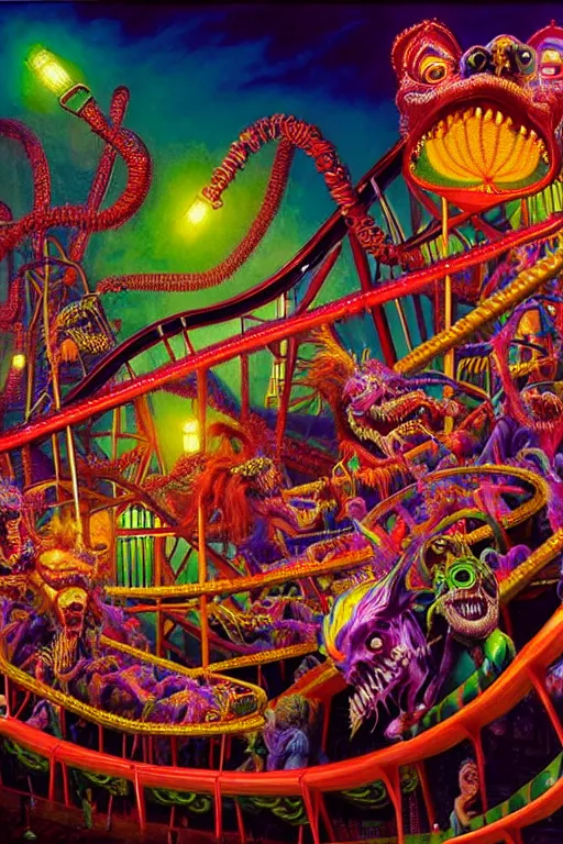 Image similar to a hyperrealistic detailed painting of an ornate carnival with glowing lights, colorful, chimeric mutant horror creatures riding a rollercoaster. scary funhouse, cinematic lighting, depth perspective, depth of field, cinematic angle, by chris cunningham and richard corben, highly detailed, vivid color,