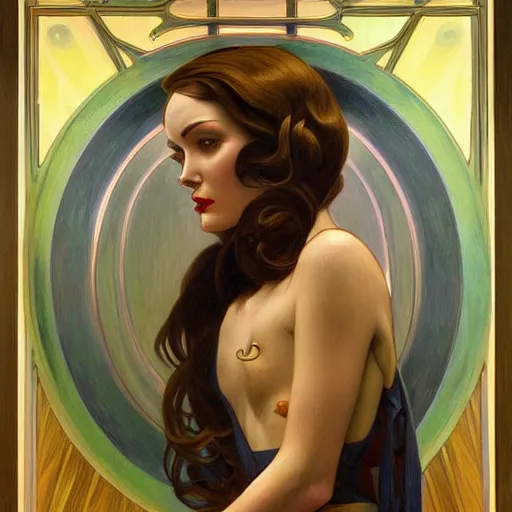 Image similar to a streamline moderne painting in the style of donato giancola, and in the style of charlie bowater, and in the style of alphonse mucha. symmetry, smooth, sharp focus, semi - realism, intricate detail.