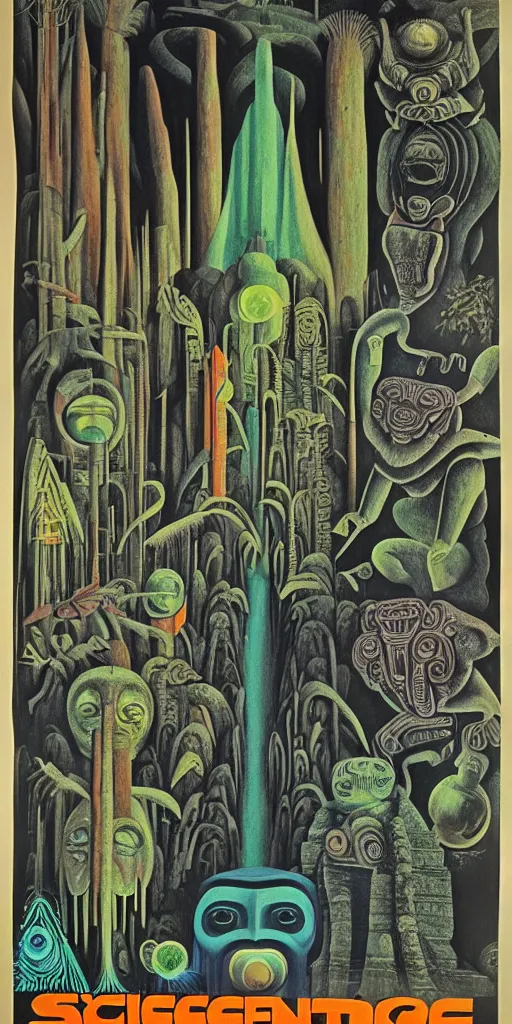 Image similar to 1968 science fiction movie poster, cut out collage, neon mayan, deep winter on Venus, epic theater, deep forest creatures, mountain plants, drawings in part by Diego Rivera, part by Ernst Haekl, text by William S Boroughs, written by Michael Ende