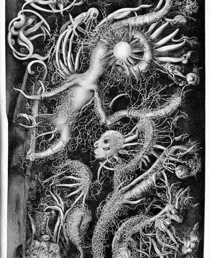 Image similar to whimsical freaky creature sings a unique canto about'as above so below'being ignited by the spirit of haeckel and robert fludd, breakthrough is iminent, glory be to the magic within