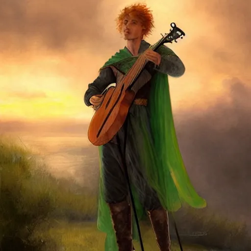 Image similar to kvothe playing his lute serenading the sunset, huntsman, medieval, green cape, by Aleksi Briclot