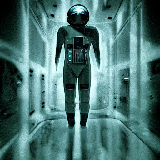 Image similar to infrared concept art by david cronenberg diver astronaut in underwater futuristic dark and empty spaceship. complex and hyperdetailed technical suit design. reflection material. rays and dispersion of light breaking through the deep water. 3 5 mm, f / 3 2. noise film photo. flash photography. trend artstation