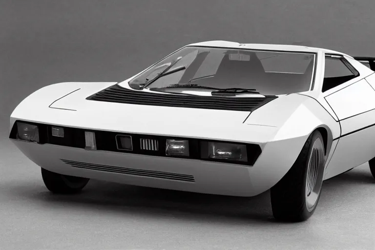 Image similar to designed by Giorgetto Giugiaro stylized poser of a single 1972 Citroen AMC AMX/3 BMW M1, cinematic Eastman 5384 film