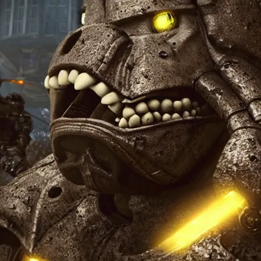 Prompt: evil large spongebob monster in gears of war, splash art, movie still, detailed face, photorealistic facial features, cinematic lighting, dramatic, octane render, long lens, shallow depth of field, bokeh, anamorphic lens flare, 8 k, hyper detailed, 3 5 mm film grain