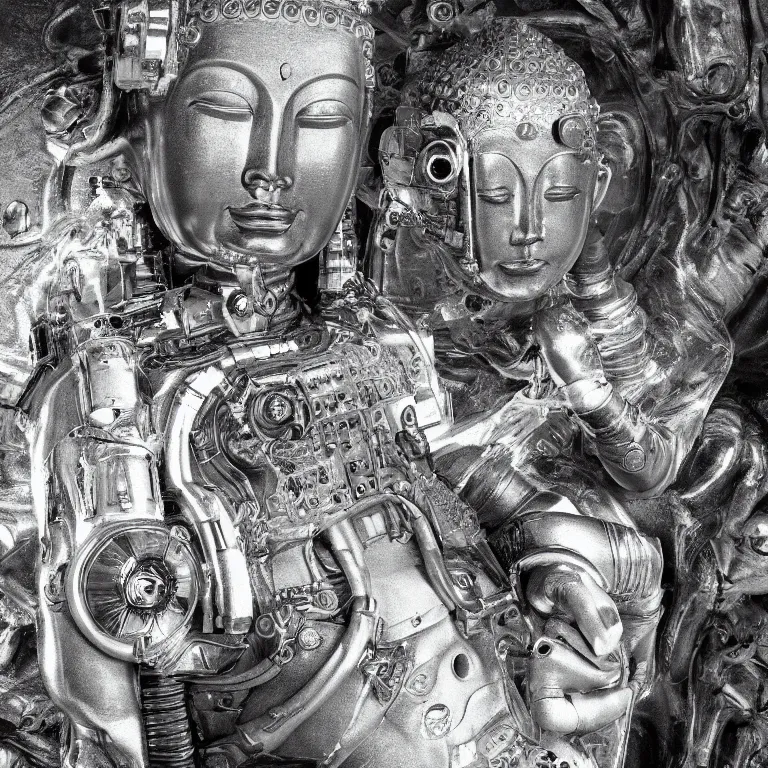 Prompt: cyborg astronaut buddha meditating , detailed intricate insanely detailed octane render, 8k artistic 1920s photography, photorealistic, black and white, chiaroscuro, hd, by David Cronenberg, Raphael, Caravaggio