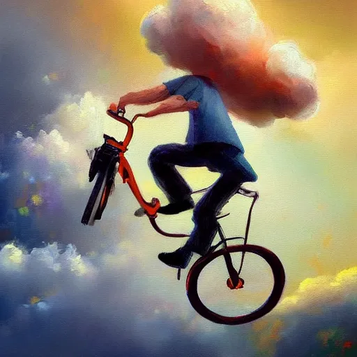 Image similar to A whimsical painting of a happy man flying in the sky on his bicycle in the clouds, expressive oil painting, digital art by Ross Tran