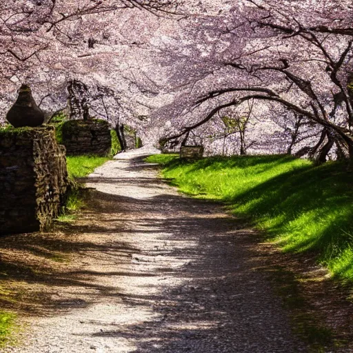 Prompt: stone path through a cherry blossom filled valley leading to a monastery