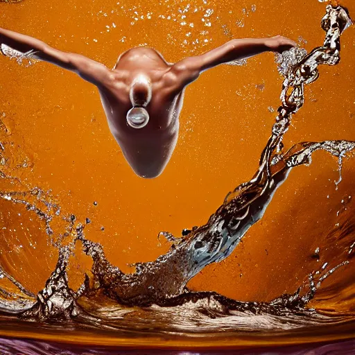 Image similar to uhd photo of olympic swimming in cheesesauce instead ofwater, uhd hyperdetailed photography, photo by annie leibowitz