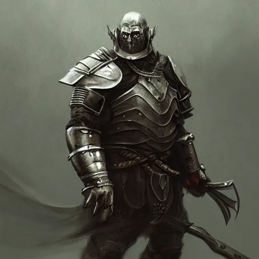 Image similar to orc wearing medieval suit of armor, illustration, concept art, art by wlop, dark, moody, dramatic