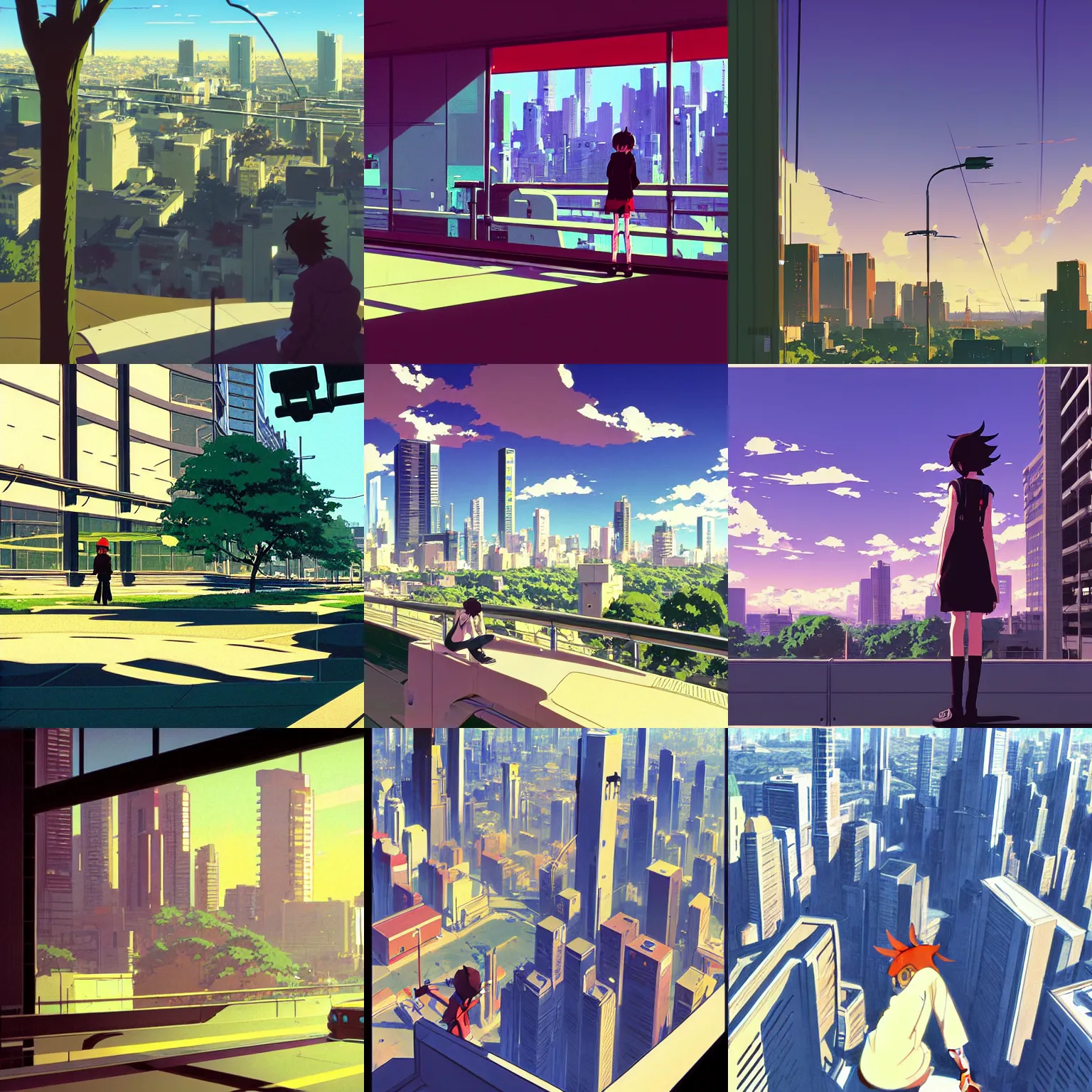 Prompt: looking over the city of trees portrait flcl by makoto shinkai concept art by syd mead