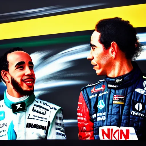 Prompt: lewis hamilton with ayrton senna, nikon photorealistic award - winning 4 k bright