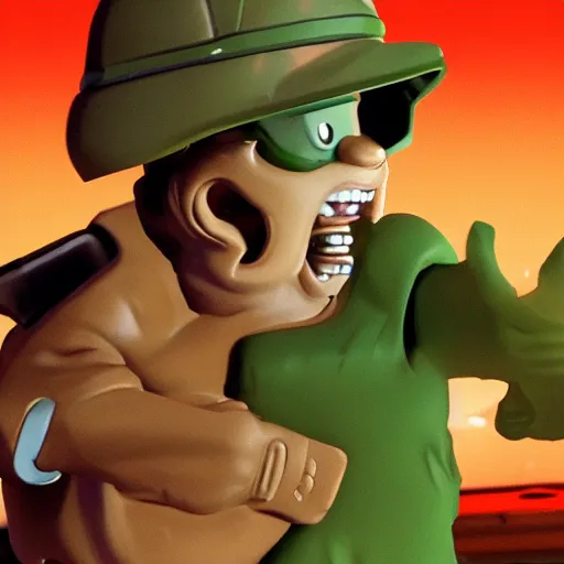 Image similar to Elmer Fudd from Loony Tunes in Doom, wearing green armor and helmet, killing demons, rip and tear, video game