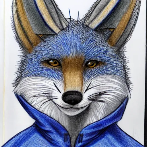 Image similar to high quality anime style colored pencil sketch portrait of an anthro furry fursona blue fox wearing a hoodie, handsome eyes, sketch doodles surrounding it, notebook sketch