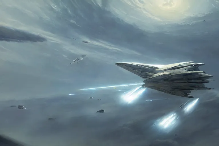 Image similar to hyper realistic sci - fi matte concept art painting of a starship above earth, beautiful details, strong composition painted by kim jung guweta studio rutkowski, james gurney and greg rutkowski, and lucasfilm, smooth, intricate, detailed, sharp focus, cinematic