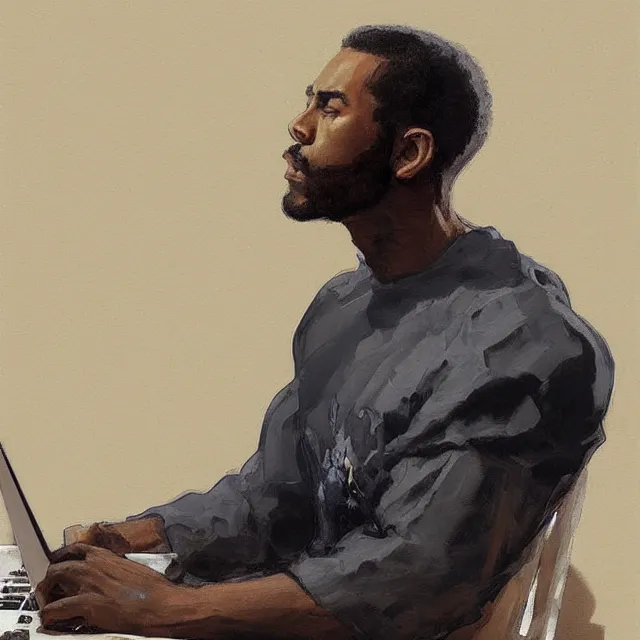 Prompt: a lightskinned black man with short hair, shaved beard, using a macbook, portrait, elegant, intricate, digital painting, artstation, concept art, smooth, sharp focus, illustration, art by konstantin korovin and daniel f. gerhartz and john howe