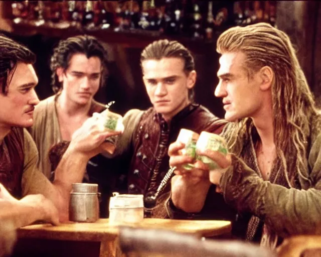 Image similar to Will Turner and Legolas drinking cola in the pub, film still, high detail