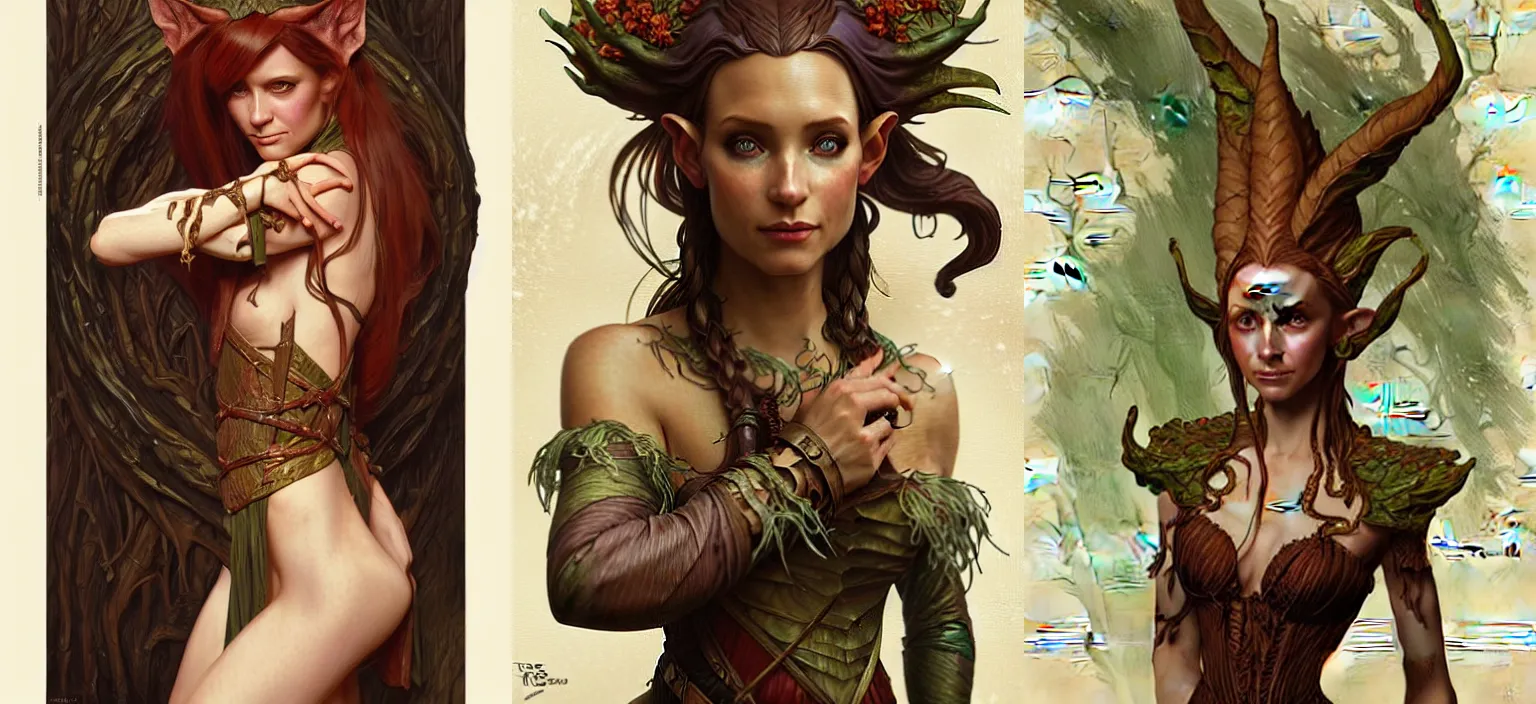 Prompt: fanciful and wimsical wood print image of a female demi swamp elf, Tessa, detailed fantasy character study, D&D, highly detailed, digital painting, artstation, concept art, sharp focus, illustration, art by artgerm and greg rutkowski and alphonse mucha