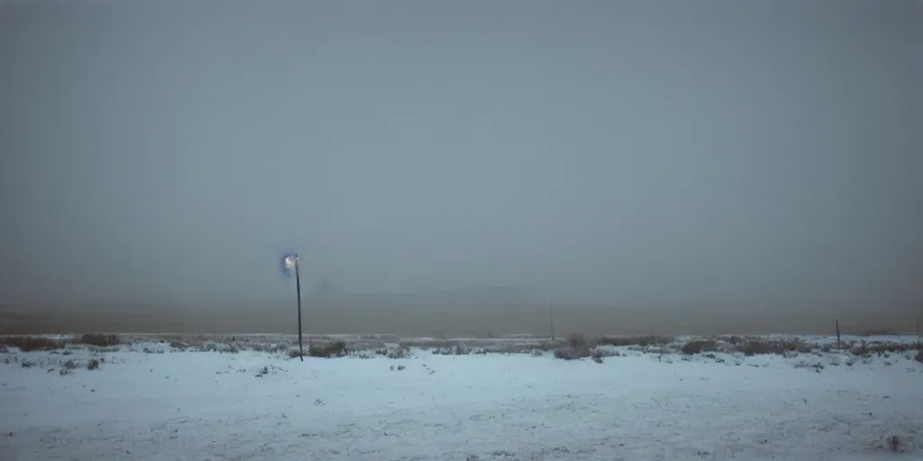 Prompt: photo of shiprock, new mexico during a snowstorm. a old man in a trench coat and a cane appears in the midground. cold color temperature. blue hour morning light, snow storm. hazy atmosphere. humidity haze. kodak ektachrome, greenish expired film, award winning, low contrast.