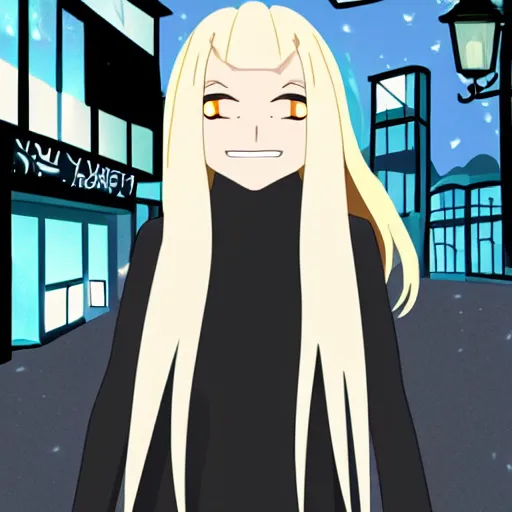 Image similar to a blonde woman with a ponytail wearing black clothes wanders through a city at night, anime