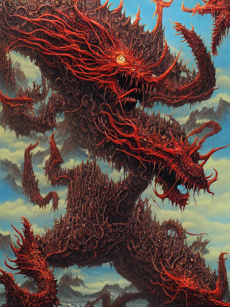 Image similar to realistic detailed image of Technological Nightmare Abomination Monster God by Hou Yimin, Dan Howard, Allan Houser, Alice Hunt and Peter Hurd, Neo-Pagan, rich deep colors. Painting by Byun Shi Ji and Jiang Feng masterpiece