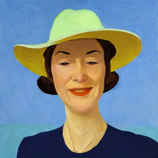 Prompt: woman with hat, by Alex Katz, colorful, smiling, oil on canvas, 4k