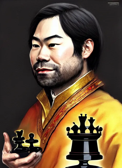 Image similar to gm hikaru nakamura dressed as a king, holding a chess piece fantasy portrait, artstation, extremely detailed artgerm greg rutkowski