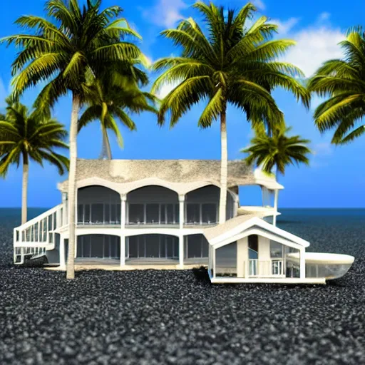 Image similar to “ a realistic model of a house floating on the beach of miami, 8 k render ”