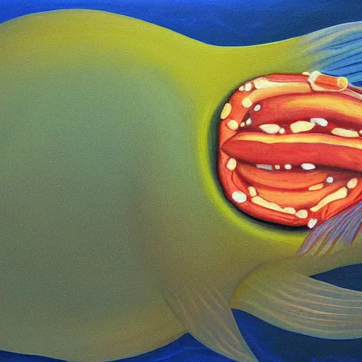 Image similar to surreal painting of a fish morphing into a sausage