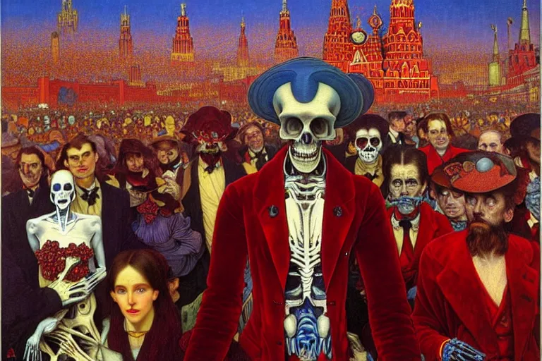 Prompt: realistic detailed portrait painting of a single skeleton wearing red velvet blazer in a crowded futuristic moscow street by Jean Delville, Amano, Yves Tanguy, Alphonse Mucha, Ernst Haeckel, Edward Robert Hughes, Roger Dean, rich moody colours, blue eyes