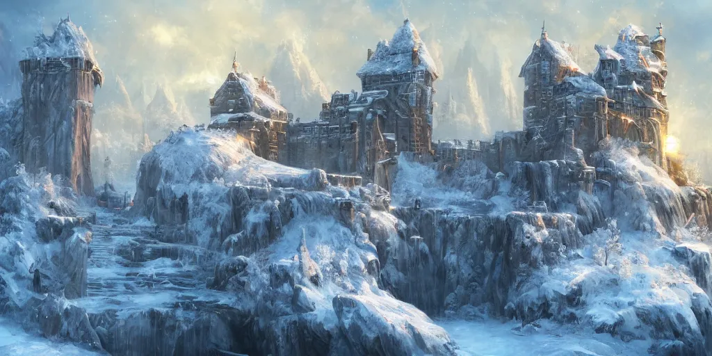Prompt: fantasy world, fortress in winter, morning, trending on artstation