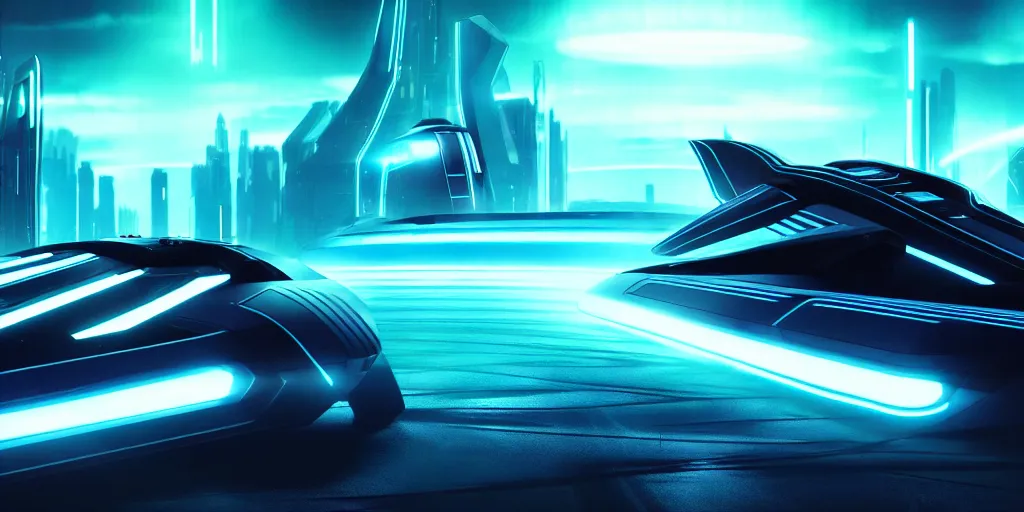 Image similar to a wide angle view of a technopunk spaceship in the style of tron legacy, hyperrealism, concept art, ominous, darksynth, illuminated lines, outrun, vaporware, misty, by ridley scott and denis villeneuve, dramatic lighting, 8 k