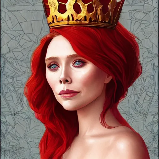 Prompt: Elizabeth Olsen with red hair and crown as Cersei Lannister,a song of ice and fire , fantasy, intricate, elegant, highly detailed, digital painting, artstation, concept art, matte, sharp focus, illustration, art by Osvaldo Germano