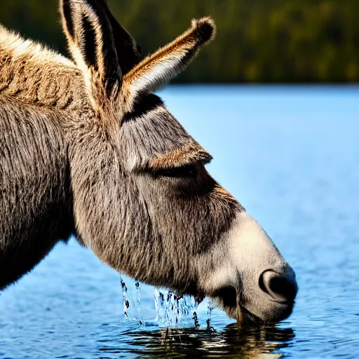 Image similar to close up photo of a donkey, drinking water from a lake in tasmania, bokeh, 4 k award winning nature photography