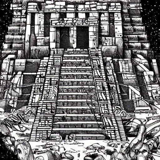 Image similar to precisely drawn illustration of a Mayan temple, wide angle, sharp, fine details, French comic style, cyberpunk, intense line art, 8k, precise linework, realistic, in the style of Richard Corben and Moebius