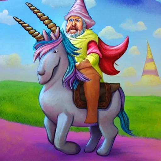 Prompt: a gnome riding a unicorn