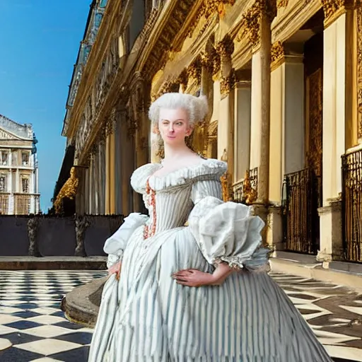 Image similar to marie antoinette walking in versailles, outdoor, sunny day, wow 4 k detail fantasy, matte painting, realistic materials, photo realistic, postprocessing, cinematic, hyperrealistic, studio lighting, ekaterina, the tudors, photography by richard jenkins