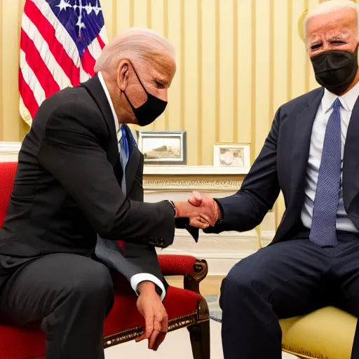 Image similar to tupac shakur visits joe biden at the oval office, photorealistic, ultra hd, 4 k, award winning, patriotic