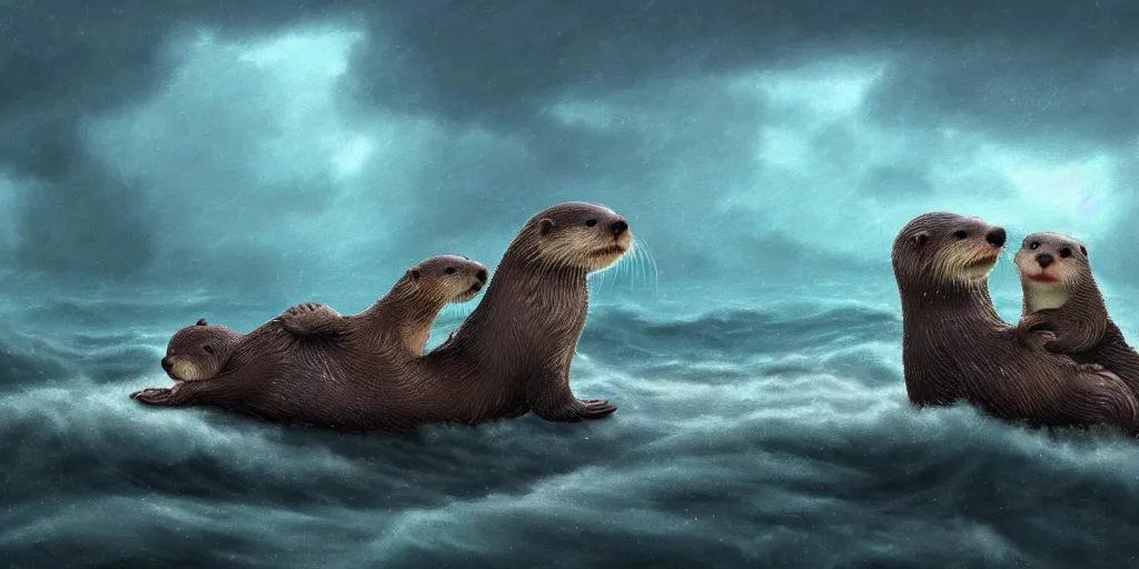 Prompt: Two adorable otters falling in love holding hands side by side, all alone in the middle of a scary storm at sea, fantasy illustration, cinematic, award winning, romantic, detailed trending on artstation, masterpiece