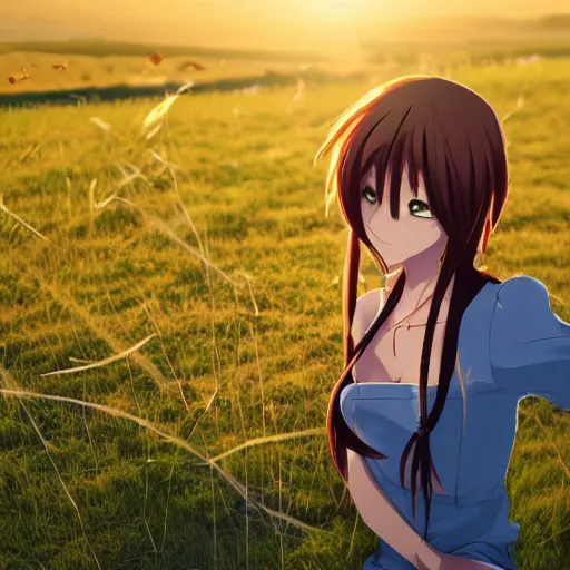 Prompt: A detailed portrait of an anime girl on a landscape in the sunset, hair swaying in the breeze, and light reflecting off of the grass beneath