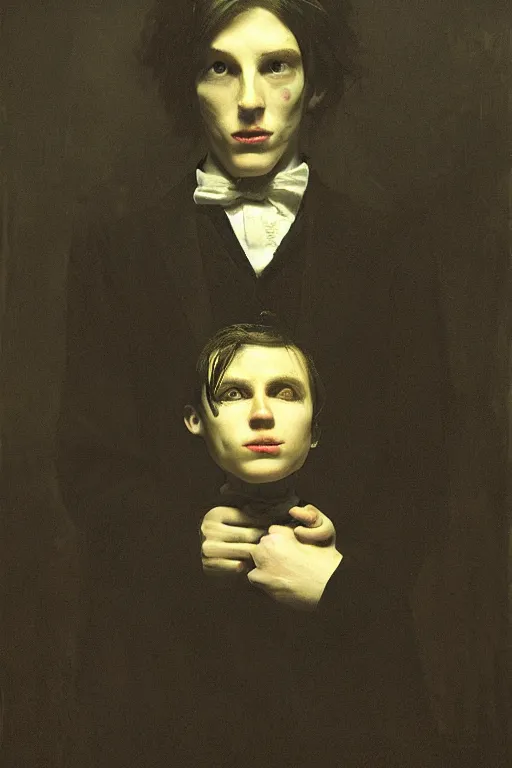 Image similar to detailed cinematic moody colors studio portrait of a possesed young victorian gentleman being controlled like a puppet, creepy evil vibe, high quality by jeremy mann, only one head single portrait