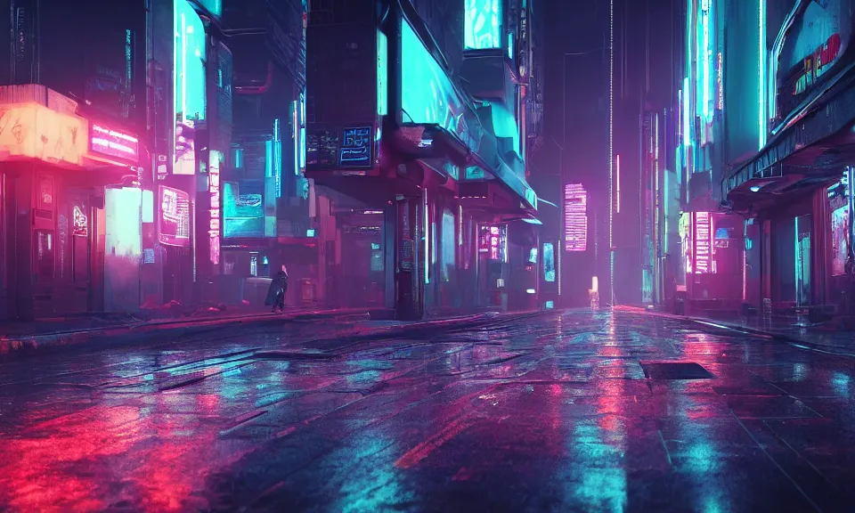 Prompt: a cyberpunk street scene with neon lights, raining, a lonely cyborg sits in the gutter, 4k uhd wallpaper, unreal engine