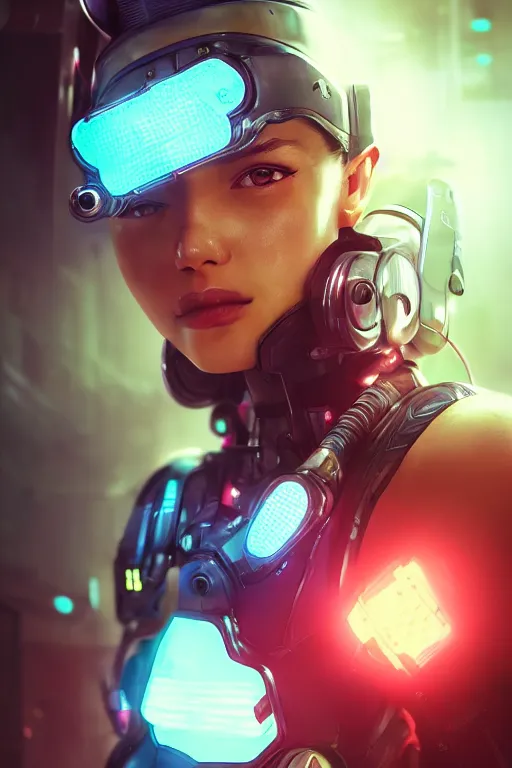 Image similar to beautiful close - up portrait of a cyborg mercenary girl, art by wlop and artgerm and liam wong, cyberpunk, neon, lens flare, elegant, highly detailed, trending on artstation, sharp focus, caustics, octane render, radiant light, 4 k