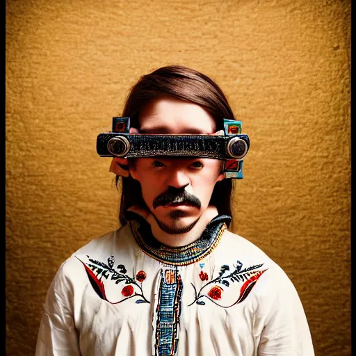 Image similar to Colour Caravaggio style full body portrait Photography of Highly detailed Man wearing detailed Ukrainian embroidered folk costume designed by Taras Shevchenko with 1000 years perfect face wearing highly detailed retrofuturistic VR headset designed by Josan Gonzalez. Many details In style of Josan Gonzalez and Mike Winkelmann and andgreg rutkowski and alphonse muchaand and Caspar David Friedrich and Stephen Hickman and James Gurney and Hiromasa Ogura. Rendered in Blender and Octane Render volumetric natural light